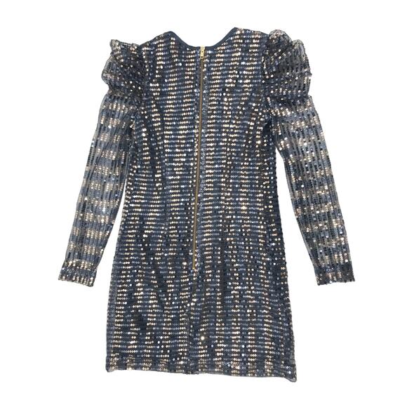 French Connection Blue Gold Sequins Sheer Sleeve Party Cocktail Dress Size 8 - Picture 5 of 9